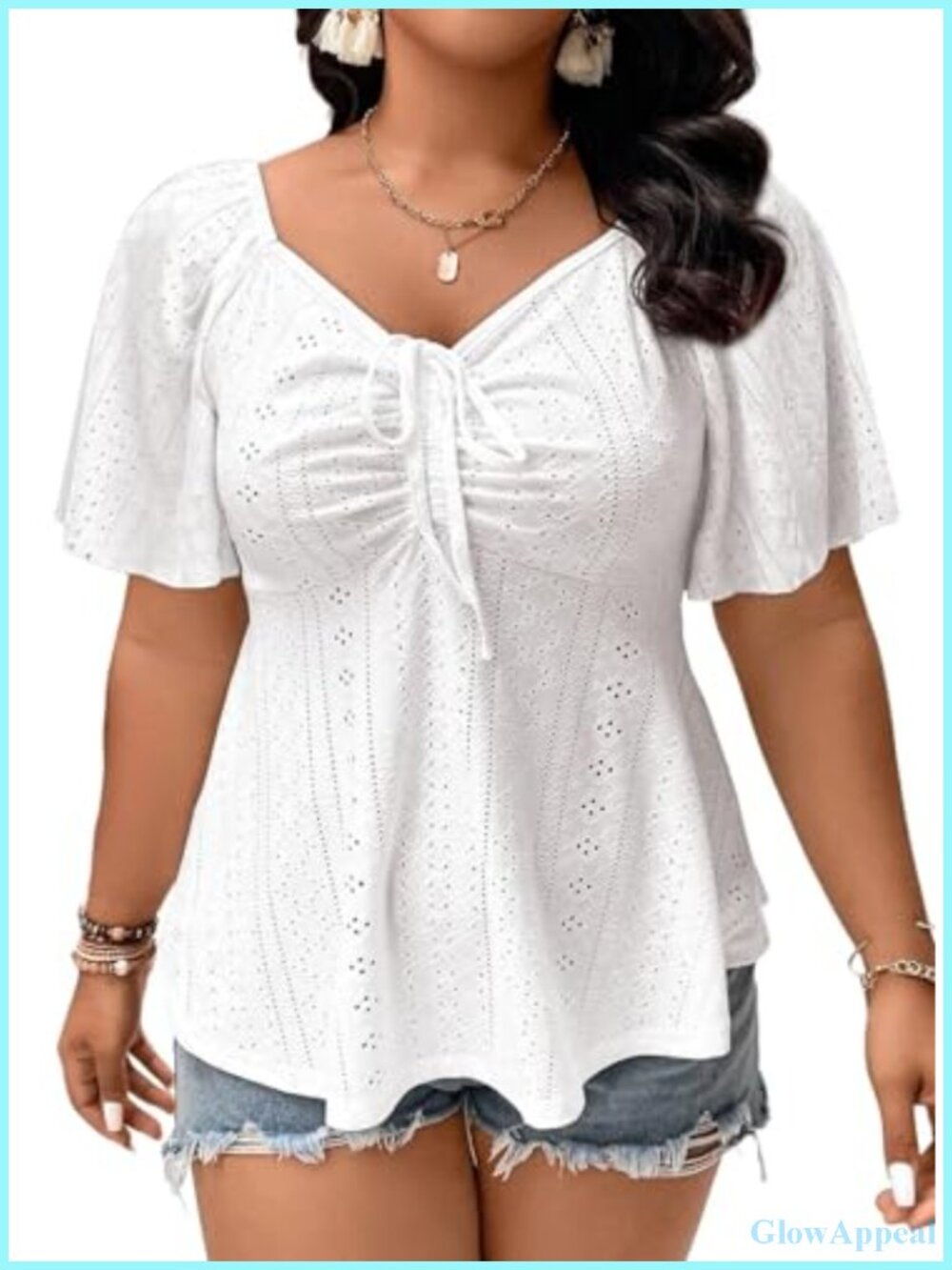 Plus Size Peplum Top Sweetheart Neck Short Sleeve Eyelet Embroidery Blouse